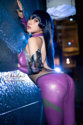 Rule 34 | 1girl, absurdres, against wall, asian, ass, blue hair, bodysuit, breasts, come hither, cosplay, fingerless gloves, from side, gloves, green eyes, hane ame, highres, igawa asagi, igawa asagi (cosplay), japanese (nationality), large breasts, legs, long hair, looking at viewer, parted lips, photo (medium), pink lips, purple bodysuit, purple hair, real life, seductive gaze, sideboob, source request, taimanin (series), taimanin asagi, teeth, thighs, very long hair