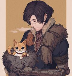 Rule 34 | 1boy, animal, animal collar, arm belt, arms up, asa02, bell, belt, belt buckle, black jacket, blush, brown belt, brown fur, brown hair, buckle, cat, closed eyes, closed mouth, collar, commentary request, freckles, fur-trimmed collar, fur trim, hair behind ear, highres, holding, jacket, lies of p, male focus, multiple belts, neck bell, orange cat, parted hair, partially unzipped, pinocchio (lies of p), plaid clothes, prosthesis, prosthetic arm, red collar, short hair, smile, solo, tabby cat, upper body