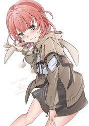 Rule 34 | 1girl, alternate costume, animal hood, aqua eyes, black ribbon, black skirt, blush, breasts, brown jacket, check commentary, commentary request, crossed bangs, elbow cutout, feet out of frame, frontrivers kae, grin, highres, hinoshita kaho, hood, hood down, hooded jacket, jacket, jirai kei, leaning forward, link! like! love live!, long sleeves, love live!, medium breasts, medium hair, miniskirt, open clothes, open jacket, pink hair, rabbit hood, ribbon, shirt, shirt ribbon, signature, simple background, skirt, smile, solo, twitter username, two side up, virtual youtuber, watermark, white background, white shirt