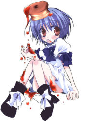 1girl :p bisuke-tan blue_bow blue_hair blush bow female_focus food food_on_body food_on_head high_heels kfc looking_at_viewer object_on_head pancake puffy_short_sleeves puffy_sleeves red_eyes short_hair short_sleeves simple_background solo thighs tongue tongue_out white_background white_bow