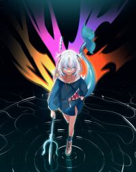 1girl fins fish_tail gawr_gura highres hololive polearm shark_tail solo tail trident virtual_youtuber weapon