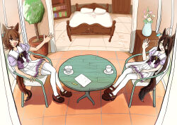 2girls absurdres agnes_tachyon_(umamusume) ahoge bed bed_frame black_hair blue_flower bookshelf bow bowtie breasts brown_hair brown_shoes chair chemical_structure crossed_legs cup door ear_ornament ear_tag earrings flower flower_request frilled_skirt frills furrowed_brow hair_between_eyes hand_up highres jewelry large_breasts long_hair looking_at_viewer manhattan_cafe_(umamusume) medium_hair mocoyummy mug multicolored_hair multiple_girls on_chair open_mouth pencil plate pleated_skirt puffy_short_sleeves puffy_sleeves purple_bow purple_bowtie purple_shirt purple_trim sailor_collar school_uniform shirt shirt_tucked_in shoes short_sleeves single_earring sitting skirt solo table thighhighs tile_floor tiles tracen_school_uniform triangle_mouth umamusume vase very_long_hair waving white_flower white_hair white_sailor_collar white_skirt white_thighhighs wooden_table yellow_eyes zettai_ryouiki