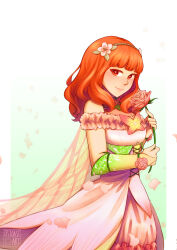 1girl armband bug butterfly celica_(fire_emblem) celica_(resplendent)_(fire_emblem) choker dress fairy fairy_wings fire_emblem fire_emblem_echoes:_shadows_of_valentia fire_emblem_heroes flower from_side green_armband highres insect light_smile long_hair looking_at_viewer nintendo official_alternate_costume orange_eyes orange_hair petals pink_dress red_eyes red_hair rose solo toast_(oreocorio) wings