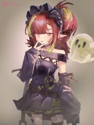 1girl arknights arm_strap bandaid bandaid_on_cheek bandaid_on_face bare_shoulders belt black_belt black_choker black_dress black_hairband blue_nails braid breasts brown_eyes chinese_commentary choker detached_sleeves dress earrings gothic_lolita green_hair hairband highres jewelry lolita_fashion lolita_hairband long_hair long_sleeves material_growth multicolored_hair multiple_belts nail_polish oripathy_lesion_(arknights) pointy_ears puffy_sleeves red_hair sakuratani_hane short_dress small_breasts solo star_(symbol) star_earrings streaked_hair tecno_(arknights) tongue tongue_out twitter_username