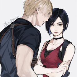 Rule 34 | 1boy, 1girl, ada wong, asian, black hair, bob cut, breasts, brown eyes, curtained hair, dress, gun, handgun, holster, leon s. kennedy, looking at viewer, medium breasts, meow (cindy738), red dress, red lips, resident evil, resident evil 2, resident evil 2 (remake), resident evil 4, resident evil 4 (remake), weapon