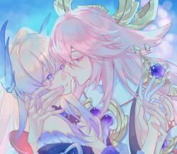 2girls animal_ears bare_shoulders biting biting_cheek black_choker blue_background blue_gemstone blue_sleeves bow-shaped_hair brooch choker closed_mouth detached_sleeves earrings fingernails fox_ears fox_girl frills gem genshin_impact gloves gold_earrings gradient_background gradient_hair hair_between_eyes hair_ornament half-closed_eyes hand_on_another&#039;s_face headpiece highres holding_hands japanese_clothes jewelry lace lace_choker long_hair long_sleeves looking_at_another multicolored_hair multiple_girls nail_polish nontraditional_miko pink_hair pink_nails purple_gemstone purple_hair sangonomiya_kokomi shirt sidelocks simple_background sleeveless sleeveless_shirt tearing_up teeth upper_body white_background white_gloves white_shirt white_sleeves wide_sleeves xiunuyuyu114514 yae_miko yuri