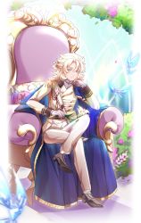 1boy absurdres albedo_(genshin_impact) aqua_eyes arch belt belt_buckle black_shoes blonde_hair blue_cape blurry braid brooch buckle bug bush butterfly buttons cape cosplay crossed_legs crystalfly_(genshin_impact) curtained_hair cushion depth_of_field diamond_button double-breasted elbow_rest epaulettes errorll404ll floral_arch flower full_body gem genshin_impact glint gloves grey_shirt hair_between_eyes head_rest highres insect jacket jewelry lapels looking_at_viewer male_focus mandarin_collar medal medium_hair mikaze_ai mikaze_ai_(cosplay) notched_lapels oxfords pants pink_flower pink_rose purple_gemstone red_gemstone rose sash shirt shoes shoulder_sash sitting smile socks solo sparkle throne uta_no_prince-sama white_gloves white_pants white_socks yellow_jacket