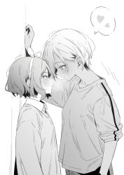 2girls blush collared_shirt commentary earrings ebizuka_tomo eye_contact face-to-face girls_band_cry greyscale hairband hand_in_pocket heart height_difference highres imminent_kiss jewelry kabedon looking_at_another lwmina70119 mole mole_under_eye monochrome multiple_girls nail_polish open_mouth rupa_(girls_band_cry) shirt short_hair sleeves_rolled_up spoken_heart stud_earrings sweat yuri