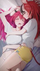 2girls absurdres animal_ears black_hair bow breasts closed_eyes commentary cuddling dolphin_shorts english_commentary green_bow hair_in_own_mouth hakos_baelz highres hololive hololive_english horns irys_(hololive) lying medium_breasts messy_hair mouse_ears mouse_tail multicolored_hair multiple_girls navel on_back on_side panties pink_hair pink_panties red_hair saliva shirt shorts sleeping streaked_hair t-shirt tail underwear white_hair white_shirt yellow_shorts yoellim5 yuri