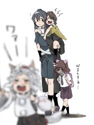 4girls absurdres aged_down animal_ears black_coat black_hair black_necktie blue_dress brown_hair carrying checkered_clothes checkered_skirt closed_eyes coat collared_shirt dress hair_between_eyes hat highres himekaidou_hatate holding iizunamaru_megumu inubashiri_momiji long_hair multiple_girls necktie open_mouth piggyback pleated_skirt pom_pom_(clothes) purple_skirt shameimaru_aya shirt short_hair short_sleeves shot_(shot0598) shoulder_guard skirt sleeveless stick tail token_hat tokin_hat touhou translation_request twintails white_hair white_shirt wolf_ears wolf_tail