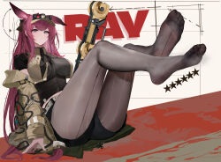 1girl absurdres animal_ears arknights black_shirt black_shorts breasts brown_jacket character_name chinese_commentary closed_mouth commentary_request feet full_body grey_pantyhose highres jacket large_breasts legs_up long_hair no_shoes off_shoulder pantyhose pink_hair purple_eyes ray_(arknights) sachuan shirt shorts sitting smell soles solo star_(symbol) steaming_body visor_cap
