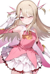 Rule 34 | 1girl, ;), absurdres, ascot, brown hair, closed mouth, detached sleeves, fate/kaleid liner prisma illya, fate (series), feather hair ornament, feathers, gloves, hair between eyes, hair ornament, highres, illyasviel von einzbern, long hair, looking at viewer, magical girl, one eye closed, pink eyes, pink sleeves, prisma illya, red eyes, simple background, skirt, smile, somray, thighs, v, white background, white gloves, white hair, white skirt, yellow ascot