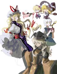 5girls absurdres alice_margatroid apron black_skirt black_vest blonde_hair blue_dress blue_eyes braid broom dress expressionless gap_(touhou) green_eyes green_skirt green_vest hair_ribbon hairband hat highres kirisame_marisa konpaku_youmu lolita_hairband long_hair matara_okina medium_hair mob_cap multiple_girls open_mouth orange_tabard purple_eyes purple_tabard ribbon shirt skirt smile tabard touhou very_long_hair vest white_background white_dress white_hair white_shirt witch_hat xian_qishui yakumo_yukari yakumo_yukari_(axolotl) yellow_eyes