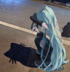 1girl absurdres arm_tattoo black_shoes black_skirt black_sleeves black_thighhighs blue_hair cat_shadow_puppet_(meme) dongam_salad grey_shirt hatsune_miku highres long_hair meme number_tattoo shirt shoes skirt solo squatting tattoo thighhighs twintails very_long_hair vocaloid w zettai_ryouiki