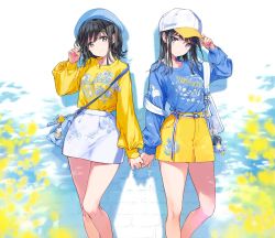 2girls adjusting_clothes adjusting_headwear backpack bag baseball_cap beret bikini black_hair blue_bikini blue_eyes blue_headwear blue_shirt blush carrying closed_mouth clothes_writing commentary commentary_request english_commentary frown hand_in_own_hair handbag hat highres holding_hands long_hair long_sleeves looking_at_viewer medium_hair miniskirt mole mole_under_eye multiple_girls off_shoulder original print_shirt print_skirt shadow shirt skirt smile standing swimsuit tiv white_headwear white_skirt yellow_shirt yellow_skirt yuri