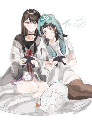 2girls bang_dream! bang_dream!_it&#039;s_mygo!!!!! black_choker black_hair black_thighhighs blue_eyes choker controller earrings feiyu30903448 game_controller highres holding holding_controller holding_game_controller jewelry long_hair medium_hair mole mole_under_eye multiple_girls no_shoes open_mouth red_ribbon ribbon shiina_taki shirt short_sleeves socks thighhighs white_shirt white_socks yahata_umiri
