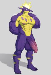 1boy abs absurdres completely_nude e-zoid energy_hair furrification furry gen_8_pokemon highres large_penis large_testicles lizardman male_focus monster_boy muscular muscular_male navel nintendo nipples no_nose nude pectorals penis pokemon pokemon_(creature) short_hair solo standing testicles toxtricity white_background