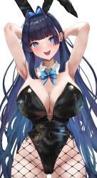 1girl absurdres alternate_costume animal_ear_hairband animal_ears aray_1010 armpits arms_behind_head arms_up bare_shoulders black_leotard blue_eyes blue_hair blush bow bowtie breasts cleavage colored_inner_hair covered_navel detached_collar fake_animal_ears fishnet_pantyhose fishnets hair_intakes hairband highleg highleg_leotard highres hololive hololive_english huge_breasts large_breasts leotard long_hair looking_at_viewer multicolored_hair navel open_mouth ouro_kronii pantyhose playboy_bunny rabbit_ear_hairband rabbit_ears smile solo strapless strapless_leotard thigh_gap traditional_bowtie very_long_hair virtual_youtuber white_background