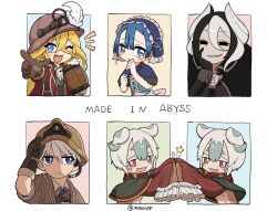Rule 34 | 3boys, 3girls, alcohol, androgynous, animal ears, apron, artist name, beer, black cloak, black eyes, black gloves, black hair, blonde hair, blue capelet, blue corset, blue eyes, blue hair, blush, bright pupils, brown gloves, brown hat, brown helmet, brown jacket, capelet, cloak, collared cloak, colored eyelashes, copyright name, corset, earpiece, extra nipples, facial mark, fang, feathers, frilled sleeves, frills, gloves, green capelet, green hair, hair between eyes, hand on own cheek, hand on own face, hat, hat feather, helmet, highres, holding, jacket, jiruo (made in abyss), long hair, looking at viewer, looking to the side, lyza (made in abyss), made in abyss, maid, maid apron, maid headdress, maruruk, menae (made in abyss), mieno (mienopp), multicolored hair, multiple boys, multiple girls, nipples, one eye closed, open mouth, own hands together, ozen, red eyes, red jacket, red sleeves, sherumi (made in abyss), short hair, smile, smug, star (symbol), streaked hair, tankard, tears, trap, whistle, whistle around neck, white background, white eyelashes, white hair, white pupils