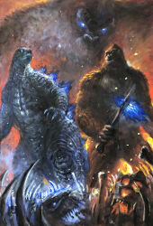 Rule 34 | absurdres, ape, axe, bald, battle axe, blood, blue eyes, bone, bone axe, bone weapon, bone whip, burning axe, crossover, dinosaur, embers, facepaint, fire, flaming weapon, g.n.a, giant, giant monster, glowing, glowing axe, glowing eyes, glowing mouth, glowing spikes, glowing weapon, godzilla, godzilla (series), godzilla x kong: the new empire, gorilla, highres, kaiju, king kong, king kong&#039;s battle axe, king kong (series), kong (monsterverse), legendary pictures, monster, monsterverse, muscular, muscular arms, muscular male, no humans, no pupils, orangutan, pectorals, ribs, scar, scar across eye, scar on face, sea monster, skar king, skeleton, skull, spikes, spine, toho, war paint, weapon, whip, whip sword, whipslash