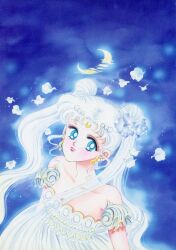 Rule 34 | 1990s (style), 1girl, absurdres, artbook, bare shoulders, bishoujo senshi sailor moon, blue background, blue eyes, closed mouth, collarbone, crescent, crescent facial mark, double bun, dress, earrings, facial mark, flower, forehead mark, glowing, hair bun, hair flower, hair ornament, highres, incredibly absurdres, jewelry, light smile, looking at viewer, non-web source, off-shoulder dress, off shoulder, official art, pale skin, pink lips, princess, princess serenity, retro artstyle, scan, solo, takeuchi naoko, upper body, white dress, white hair, white petals