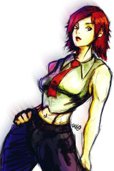 1girl breasts curvy female_focus formal_clothes hand_on_own_hip large_breasts pale_skin pants red_eyes red_hair shirt short_hair sleeveless solidusgrilo standing suspenders the_king_of_fighters thick_lips thighs vanessa_(kof) white_shirt wide_hips