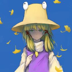 Rule 34 | 1girl, blonde hair, blue background, brown hat, closed mouth, commentary request, expressionless, ginkgo leaf, green eyes, hair ribbon, hat, highres, leaf, long hair, long sleeves, looking at viewer, moriya suwako, purple vest, red ribbon, ribbon, ritsuzou, simple background, solo, touhou, upper body, vest