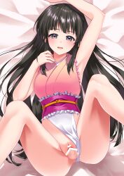 1boy 1girl :d absurdres anus armpits ass bar_censor bed beni8h black_eyes black_hair breasts censored clothing_aside commentary_request commission erection frilled_leotard frills from_above highres hime_cut houraisan_kaguya leotard leotard_aside long_hair looking_at_viewer lying medium_breasts on_back open_mouth penis pink_leotard pixiv_commission pussy sex smile solo_focus spread_legs spread_pussy touhou touhou_tag_dream vaginal wrestling_outfit