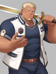 1boy bara beard blonde_hair blue_pants blue_shirt bulge covered_abs crave_saga excalibur_(crave_saga) facial_hair highres holding holding_sword holding_weapon jacket looking_at_viewer male_focus mixed-language_commentary muscular muscular_male over_shoulder pants pectoral_cleavage pectorals rongjie shirt smile sword sword_over_shoulder weapon weapon_over_shoulder white_jacket