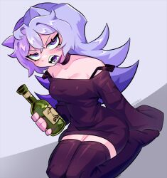 Rule 34 | 1girl, ahoge, alcohol, animal ears, annoyed, artist name, bare shoulders, black choker, black shirt, black thighhighs, bottle, breasts, cat ears, choker, cleavage, collarbone, colored lineart, colored tongue, crossed bangs, double-parted bangs, double strap slip, fangs, flipped hair, half-closed eyes, hand on floor, hand rest, holding, holding bottle, kneeling, knees out of frame, long hair, looking at viewer, medium breasts, no shoes, off-shoulder shirt, off shoulder, open mouth, original, purple eyes, purple hair, purple tongue, sashley, shirt, single sleeve past fingers, solo, thighhighs, thighs, upturned eyes, v-shaped eyebrows, zettai ryouiki