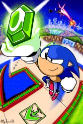 2boys absurdres animal_ears black_eyes blue_fur bonus_stage_(sonic) full_body furry furry_male gem gloves highres jumping laser male_focus metal_sonic multiple_boys pepijuan red_shoes shoes smug sonic_(series) sonic_the_hedgehog