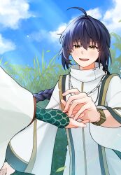 1girl 1other absurdres ahoge androgynous black_hair blue_sky blush braid brown_eyes cloud commentary_request fate/samurai_remnant fate_(series) fingerless_gloves fjfs522 floating_hair gloves hair_between_eyes highres husband_and_wife japanese_clothes long_hair open_mouth ototachibana-hime_(fate) outdoors signature sky smile sunlight wide_sleeves yamato_takeru_(fate)