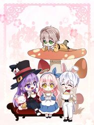 Rule 34 | 1girl, 3boys, absurdres, black pants, black shirt, blue dress, blue eyes, blue hairband, bow, bowtie, brown hair, brown pants, chibi, closed eyes, closed mouth, couch, cup, dress, eiryn (being raised by villains), green eyes, hairband, hands up, hat, highres, hill rosemont, i&#039;m being raised by villains, jacket, kollin richard, light blush, long hair, looking at another, lucillion (being raised by villains), lying, multiple boys, non-web source, on stomach, open mouth, pants, pink hair, purple eyes, purple hair, red bow, red bowtie, red jacket, serious, shirt, sitting, smile, teacup, very long hair, white dress, white hair, white jacket, white pants, yellow eyes