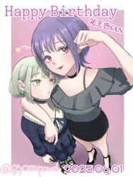 2girls :3 adversarial_noise arm_around_neck bang_dream! bang_dream!_it&#039;s_mygo!!!!! black_choker black_shoes black_skirt blue_dress border character_name cheek_squash choker closed_mouth commentary dated dress frilled_choker frilled_shorts frills green_hair grey_shirt gyozapouch happy_birthday highres long_hair multiple_girls off-shoulder_shirt off_shoulder outside_border pink_background pink_eyes plaid_clothes plaid_dress purple_hair shirt shoes short_hair shorts skirt wakaba_mutsumi white_border yuutenji_nyamu