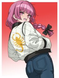 Rule 34 | absurdres, bocchi the rock!, denim, drive (movie), ghuler, highres, hiroi kikuri, jacket, jeans, pants, pink eyes, pink hair