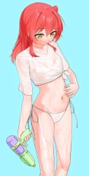 absurdres bikini blue_background bocchi_the_rock! eltir feet_out_of_frame from_above green_eyes highres kita_ikuyo looking_down medium_hair midriff navel red_hair shirt swimsuit water_gun white_bikini white_shirt