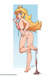 1girl anus ass barefoot between_toes bikini blonde_hair blue_eyes bra breasts cleft_of_venus crown earrings eyewear_on_head feet female_focus female_pubic_hair gradient_background jewelry kneepits lips long_hair looking_at_viewer looking_back mario_(series) mushroom nintendo noise_tanker panties patreon princess_peach pubic_hair pussy sexually_suggestive sideboob small_breasts soles solo standing standing_on_one_leg super_mario_bros._1 swimsuit tan tanline toes uncensored underwear undressing