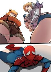 1boy 2girls animal_ears apu_spills_his_tendies_(meme) artist_name blonde_hair blue_bodysuit blue_eyes blue_lips bodysuit breasts brown_hair brown_jacket brown_tail cleavage crop_top emma_frost from_below green_eyes highres jacket jewelry large_breasts leotard looking_at_another looking_at_viewer marvel marvel_rivals mask meme multiple_girls orange_hair pov red_bodysuit short_hair shorts simple_background smile spider-man spider_web_print squirrel_ears squirrel_girl squirrel_girl_(marvel) superhero_costume thick_thighs thighhighs thighs two-tone_bodysuit yuushiba