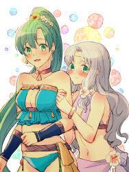 2girls absurdres alternate_costume arm_hug bikini blue_bikini blush breasts brown_choker choker circlet cleavage closed_mouth collarbone commentary_request cowboy_shot earrings fire_emblem fire_emblem:_the_blazing_blade fire_emblem_heroes florina_(fire_emblem) flower frilled_bikini_top green_eyes green_hair hair_flower hair_ornament highres jewelry leather_choker long_hair looking_at_viewer lyn_(fire_emblem) lyn_(lady_of_the_beach)_(fire_emblem) medium_breasts multiple_girls navel nintendo nishimura_(shinchinagachi) official_alternate_costume open_mouth parted_bangs ponytail purple_hair shy strapless strapless_bikini swimsuit white_background