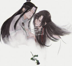 1010923 2boys aged_down bishounen black_hair black_hanfu chinese_clothes closed_mouth coat flower grey_coat hair_down half-closed_eyes half_updo hand_on_another&#039;s_chest hanfu headband holding holding_flower lan_wangji leaf long_hair long_sleeves looking_at_another male_focus modao_zushi multiple_boys official_alternate_costume official_alternate_hairstyle red_eyes robe sidelocks simple_background smile topknot twitter_username upper_body watermark wei_wuxian wei_wuxian_(yiling_laozu) white_background white_hanfu white_headband wide_sleeves xiao_guan_(headdress) yaoi yellow_eyes