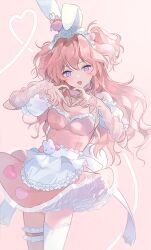1girl :d animal_ears apron arm_warmers bare_shoulders blush breasts bunny_day choker commentary cowboy_shot detached_sleeves dress four-finger_heart_hands frilled_apron frilled_thigh_strap frills heart heart_hands long_hair looking_at_viewer medium_breasts mof_(mfmfpic) open_mouth original pink_background pink_choker pink_hair puffy_detached_sleeves puffy_sleeves purple_eyes rabbit_ears rabbit_girl rabbit_tail simple_background single_thighhigh smile solo strapless strapless_dress symbol-only_commentary tail thigh_strap thighhighs two_side_up waist_apron white_apron white_sleeves white_thighhighs
