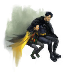 2boys algebraman batman batman_(series) belt black_hair boots brothers cape damian_wayne dc_comics dick_grayson family gloves green_footwear hood hoodie male_focus multiple_boys pixiv_sample resized robin_(dc) shoes siblings sitting smile