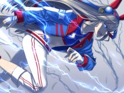 Rule 34 | 1girl, animal ears, belt, blue eyes, blue hairband, blue jacket, blue shirt, capri pants, commentary request, cropped shirt, ear covers, fingerless gloves, frown, gloves, grey hair, hairband, horse ears, horse girl, horse tail, jacket, lightning, lightning bolt symbol, long hair, long sleeves, looking to the side, loose belt, midriff, navel, open clothes, open jacket, open mouth, pants, partial commentary, peeta, red belt, running, shirt, solo, tail, tamamo cross (umamusume), textless version, umamusume, umamusume: cinderella gray, white gloves, white pants
