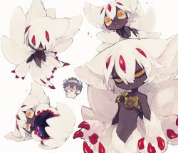 1boy 1girl black_skin breasts chibi claws colored_skin dark_skin extra_arms faputa helmet made_in_abyss makoto_(konbumi) monster_girl multiple_tails navel open_mouth reg_(made_in_abyss) serious simple_background small_breasts tail very_dark_skin white_background white_fur white_hair yellow_eyes