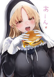 1girl artist_progress black_dress blonde_hair blush breasts brown_eyes burger capelet choppy_bangs dress eating food full-length_zipper gloves habit heart highres holding holding_food lace-trimmed_capelet lace_trim large_breasts long_hair long_sleeves napkin nijisanji nun open_mouth parted_bangs sakayama_shinta simple_background sister_claire sister_claire_(1st_costume) traditional_nun upper_body virtual_youtuber white_background white_capelet white_gloves zipper zipper_dress zipper_pull_tab