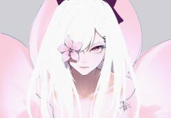 Rule 34 | 1girl, absurdres, black bow, bow, commentary, drag-on dragoon, drag-on dragoon 3, eyebrows hidden by hair, flower, flower over eye, hair bow, hair ornament, hairclip, highres, light frown, long hair, looking at viewer, mistxii, pink eyes, portrait, signature, solo, symbol-only commentary, topless female, white hair, zero (drag-on dragoon)