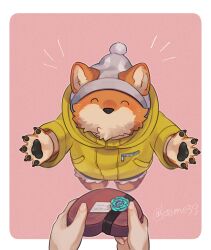 1boy 1other aizawa_(nh_st) animal_hands beanie boots box box_of_chocolates claws closed_eyes commentary_request from_above full_body furry furry_male gift hat heart-shaped_box highres holding holding_gift jacket male_focus notice_lines orange_fur original pink_background pom_pom_(clothes) pom_pom_beanie pov reaching reaching_towards_viewer simple_background solo valentine yellow_jacket