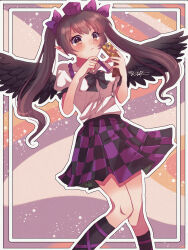 Rule 34 | 1girl, :/, absurdres, adversarial noise, black bow, black bowtie, black skirt, black socks, black wings, blush, border, bow, bowtie, brown background, brown eyes, brown hair, calligraphy brush, cellphone charm, charm (object), checkered clothes, checkered skirt, feathered wings, feet out of frame, hat, highres, himekaidou hatate, holding, holding phone, knees, konpota (pixiv 113398422), long hair, paintbrush, phone, pointy ears, purple bow, purple skirt, shirt, short sleeves, skirt, socks, solo, tokin hat, touhou, wavy background, white border, white shirt, wings