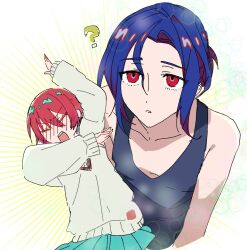 1boy 1girl ? amate_yuzuriha blue_hair blush closed_eyes collared_shirt colored_inner_hair commentary_request gundam gundam_gquuuuuux highres ktaobi_trpg long_sleeves multicolored_hair necktie open_mouth purple_hair red_eyes red_hair school_uniform shirt short_hair shuji_ito skirt sleeveless sweater tank_top two-tone_hair white_shirt
