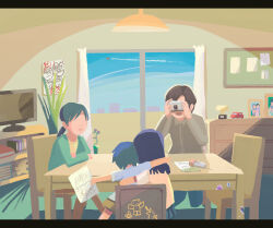 2boys 2girls aged_down blue_hair brown_hair camera chair child closed_mouth contrail drawing_(object) family holding holding_camera holding_drawing idolmaster idolmaster_(classic) indoors kisaragi_chigusa kisaragi_chihaya kisaragi_yuu_(idolmaster) long_hair long_sleeves microphone multiple_boys multiple_girls no_eyes open_mouth picture_frame ponytail short_hair sitting table taking_picture television tsubobot white_background window